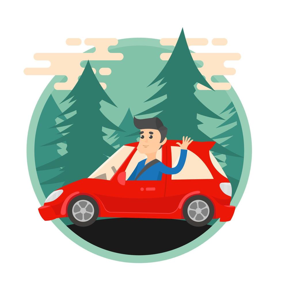Man waving his hand while driving a car. Transportation red vehicle on countryside. Flat color style illustration vector