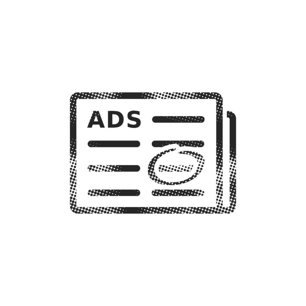 Newspaper ads icon in halftone style. Black and white monochrome illustration. vector