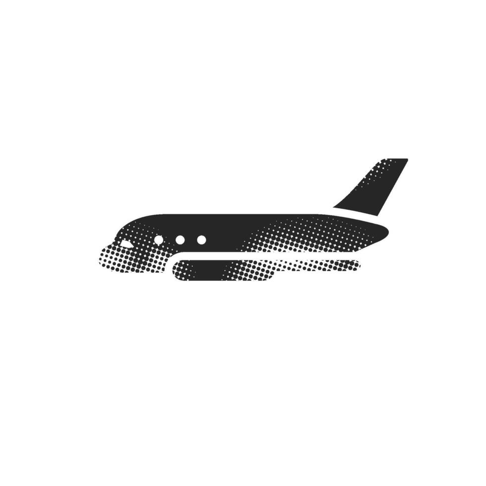 Airplane icon in halftone style. Black and white monochrome illustration. vector