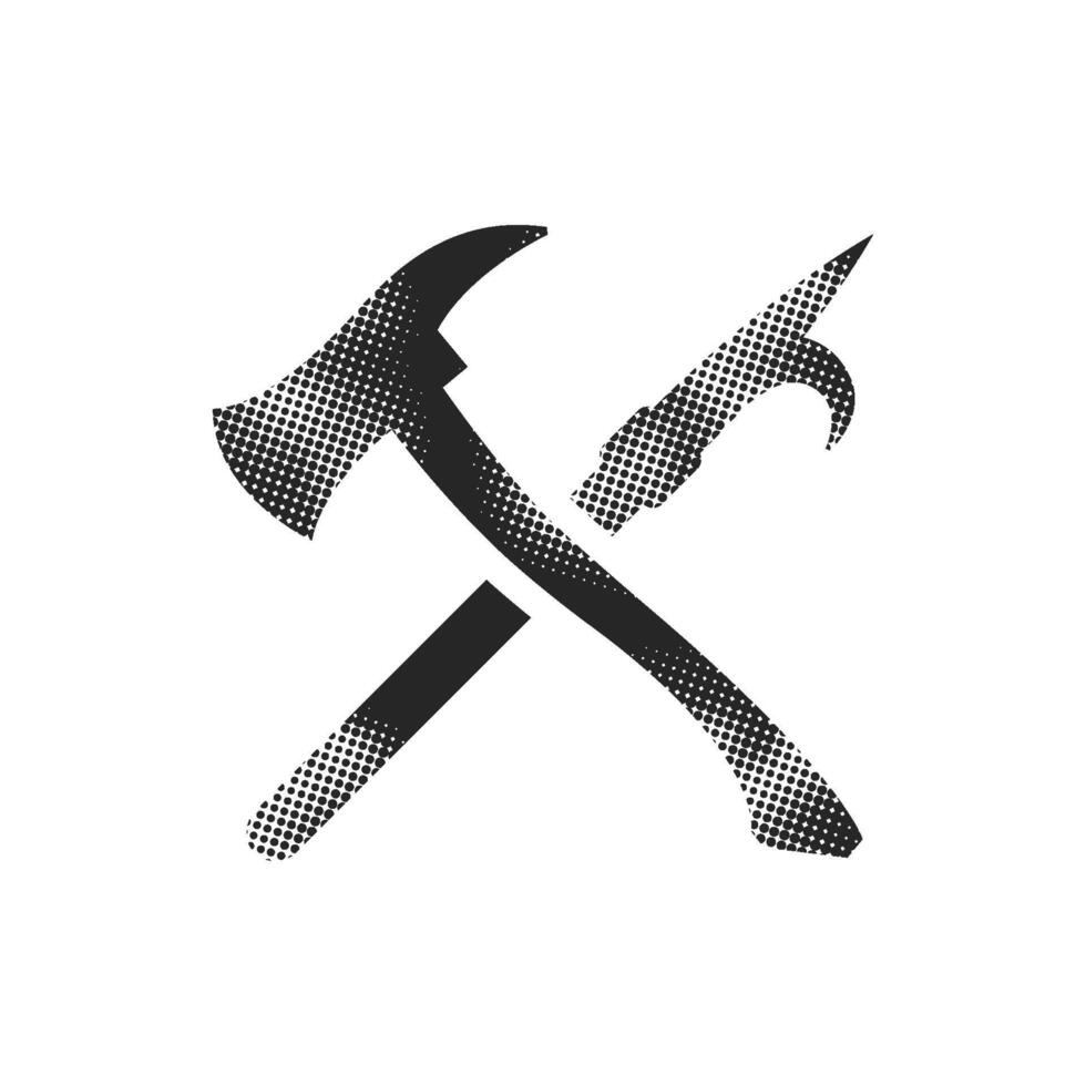Fireman tools icon in halftone style. Black and white monochrome illustration. vector
