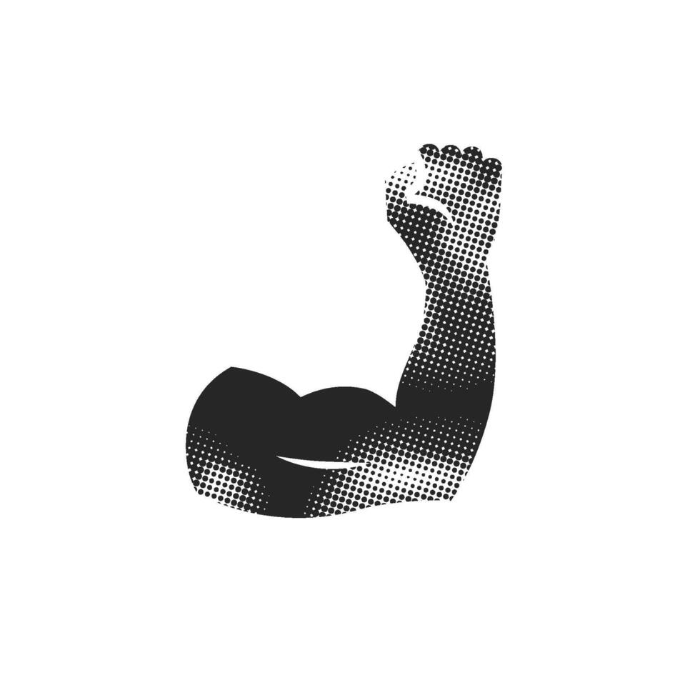 Flexed hand muscle in halftone style. Black and white monochrome illustration. vector