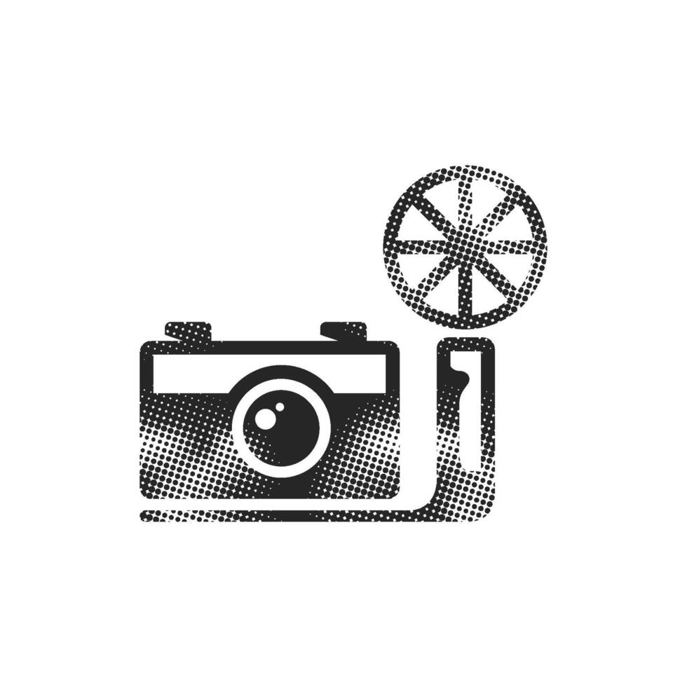 Vintage camera icon in halftone style. Black and white monochrome illustration. vector