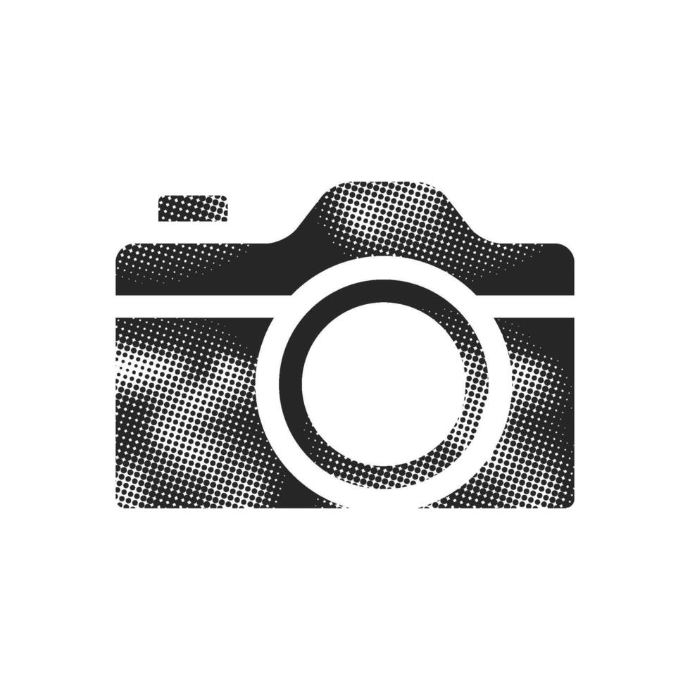 Camera icon in halftone style black and white illustration vector