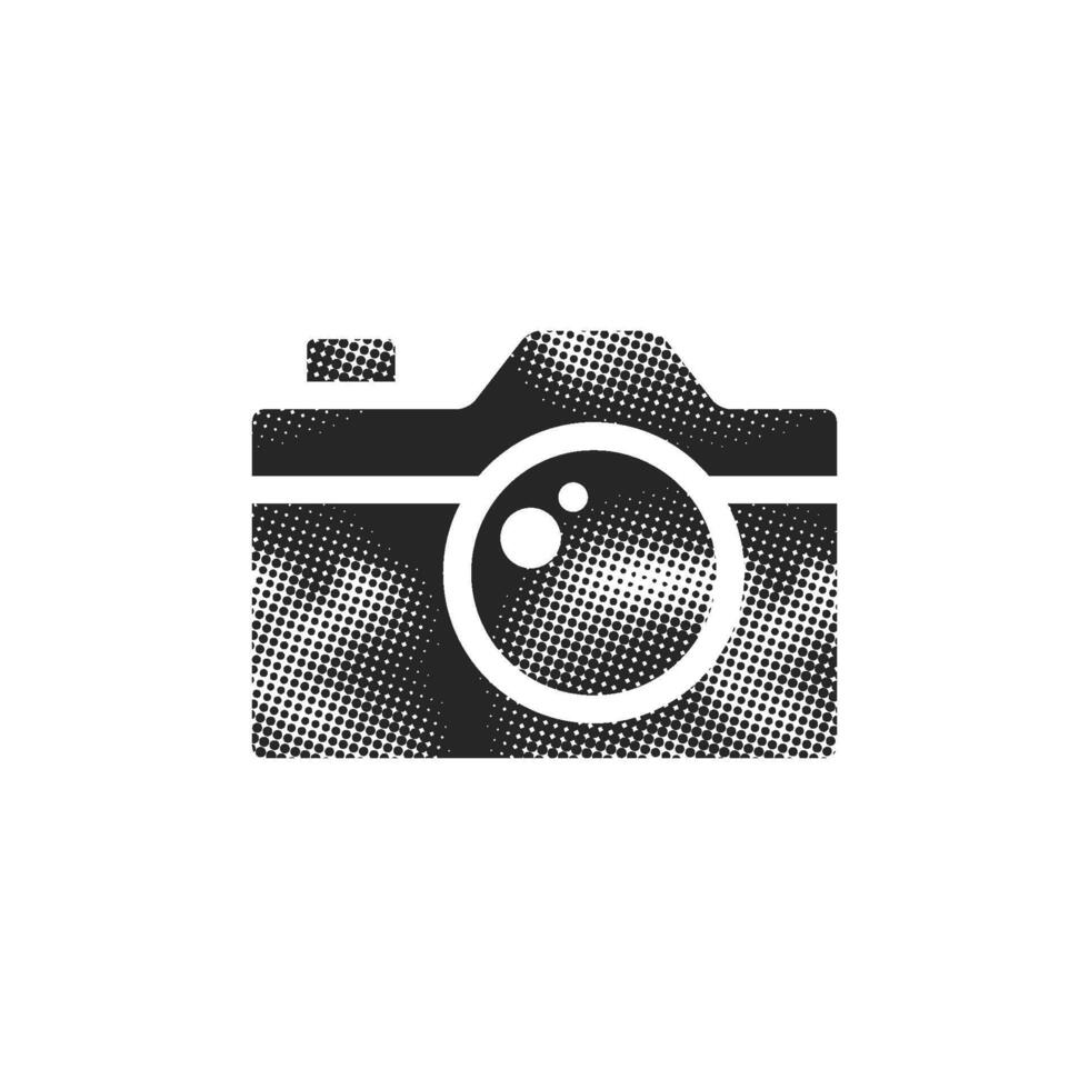 Camera icon in halftone style. Black and white monochrome illustration. vector