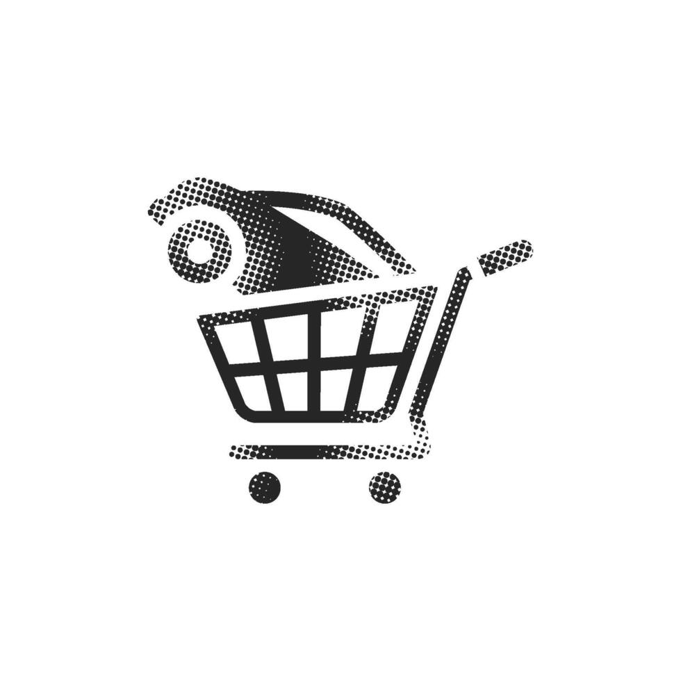 Car shopping icon in halftone style. Black and white monochrome illustration. vector