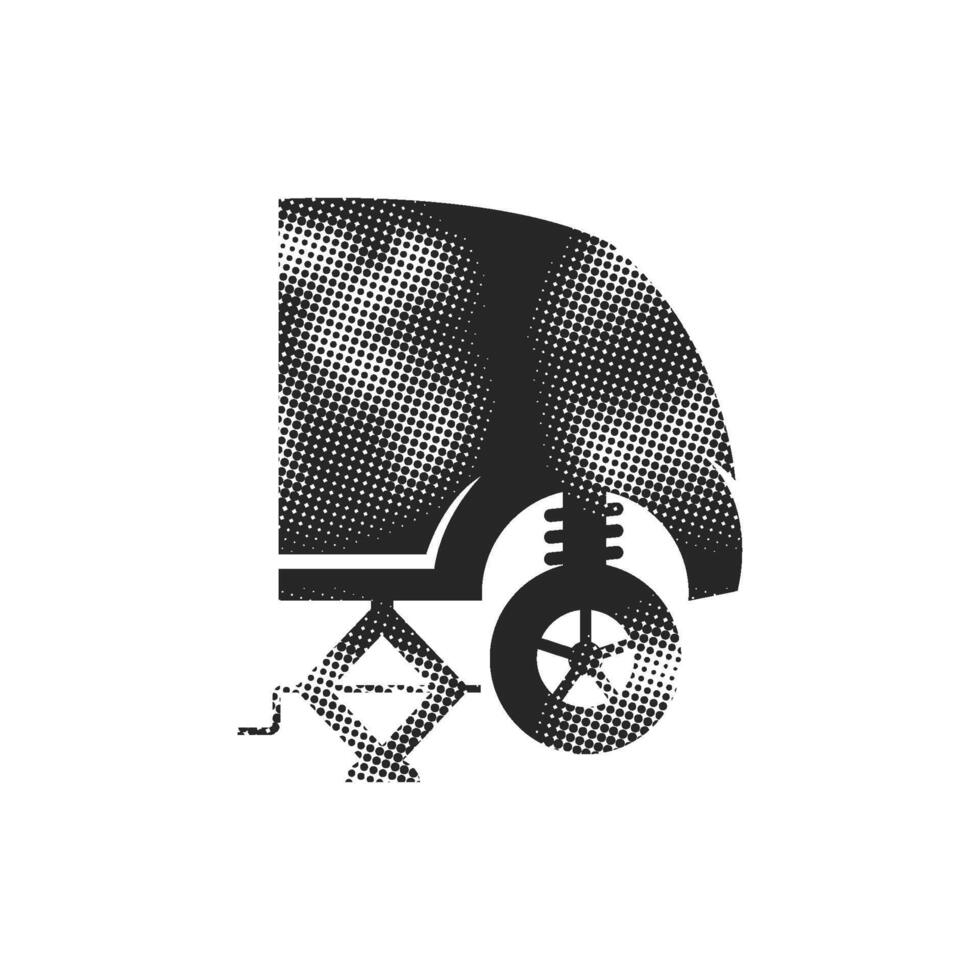 Jacked car icons in halftone style. Automotive vehicle maintenance service. Black and white monochrome illustration. vector