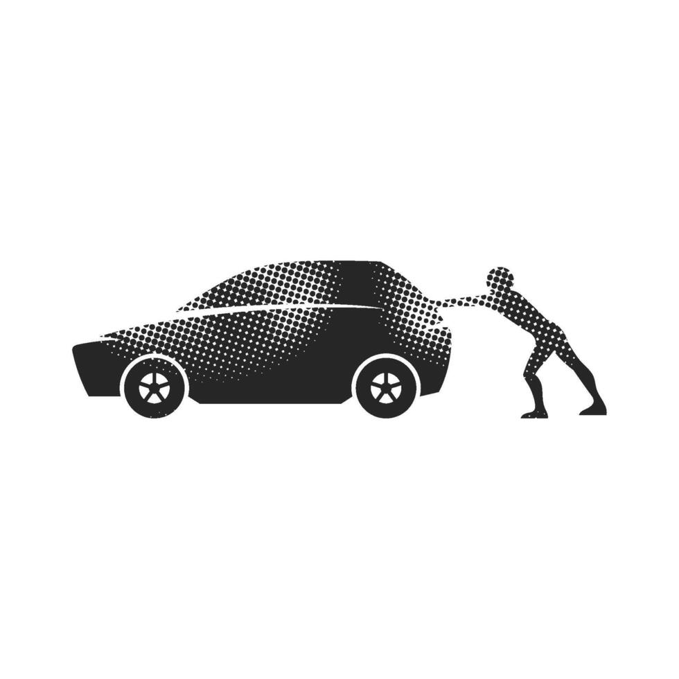 Car pushing icons in halftone style. Automotive vehicle maintenance service. Black and white monochrome illustration. vector