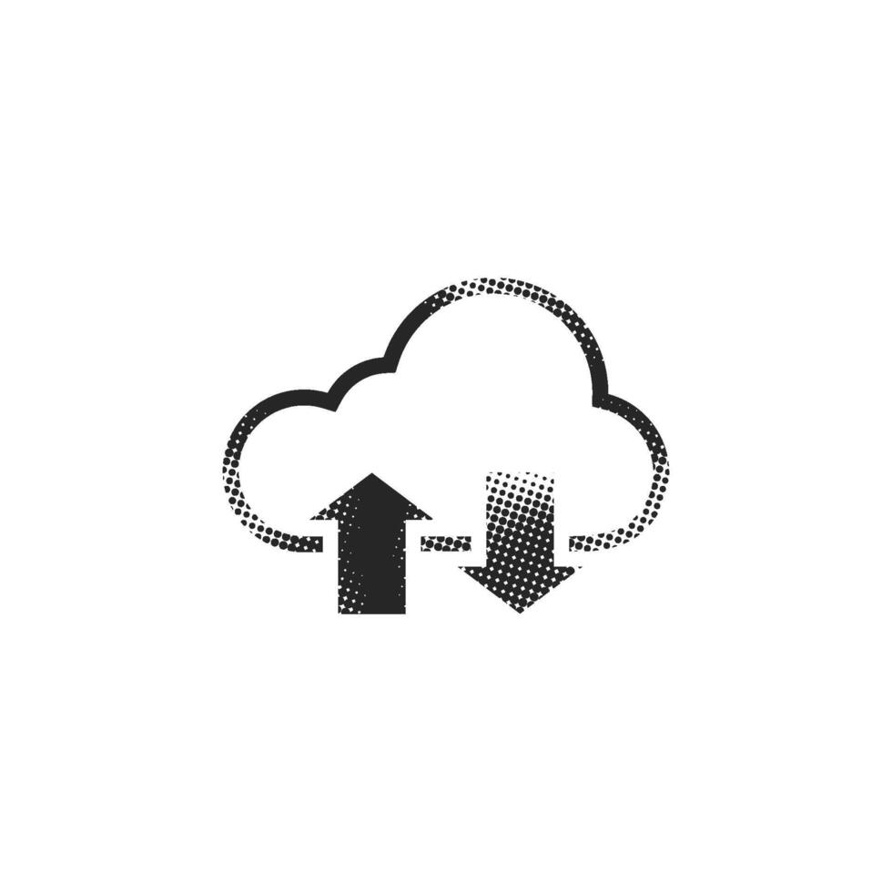 Cloud icon with arrows in halftone style. Black and white monochrome illustration. vector