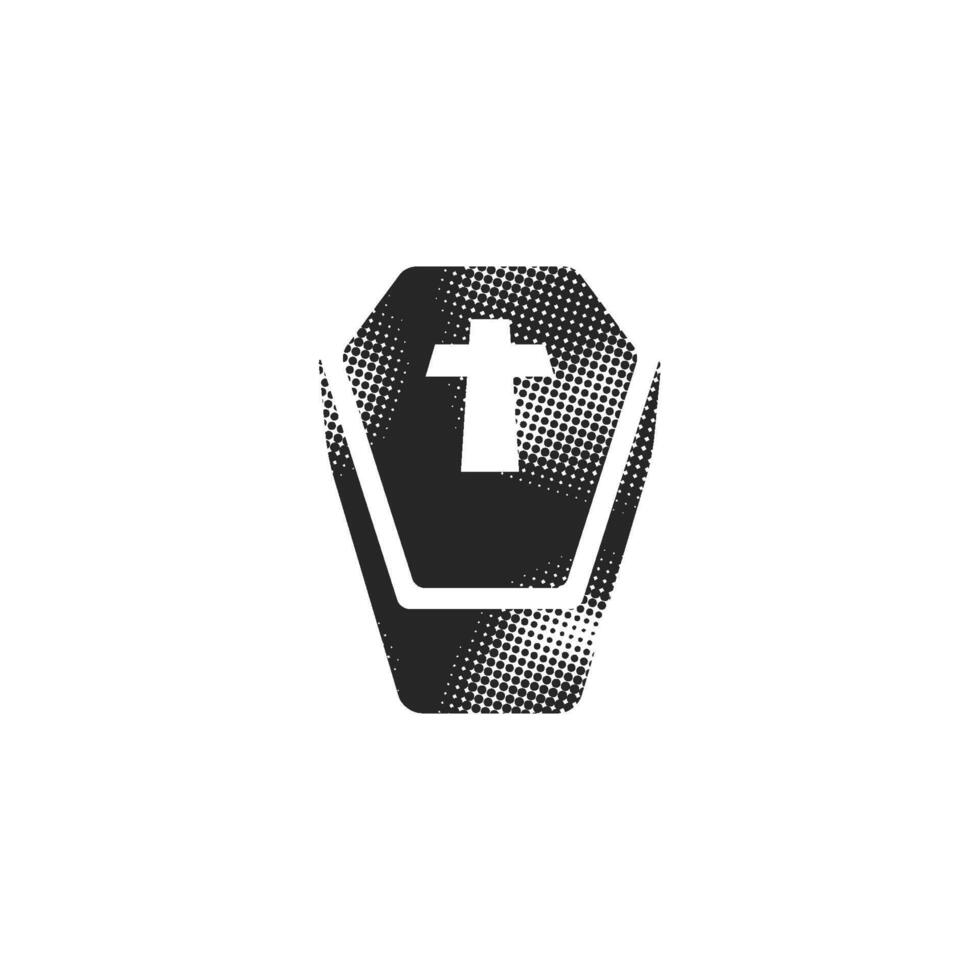 Coffin icon in halftone style. Black and white monochrome illustration. vector