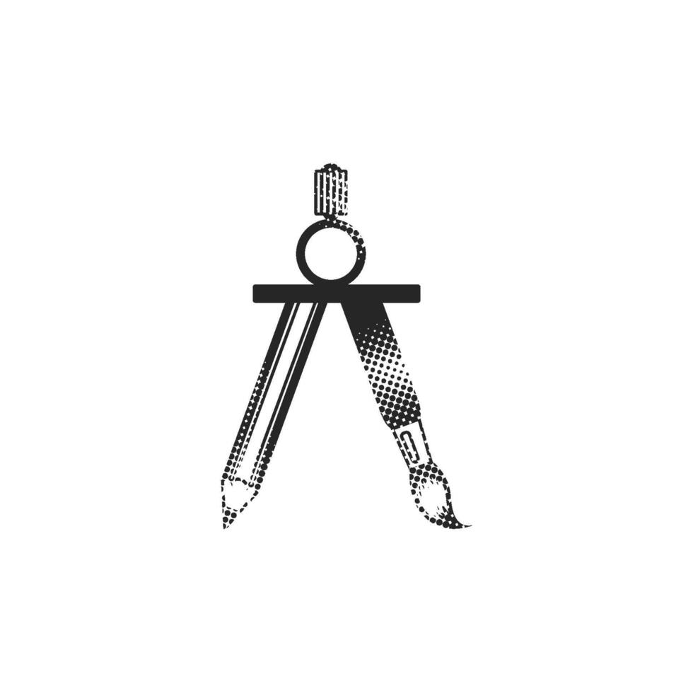 Drawing compass icon in halftone style. Black and white monochrome illustration. vector