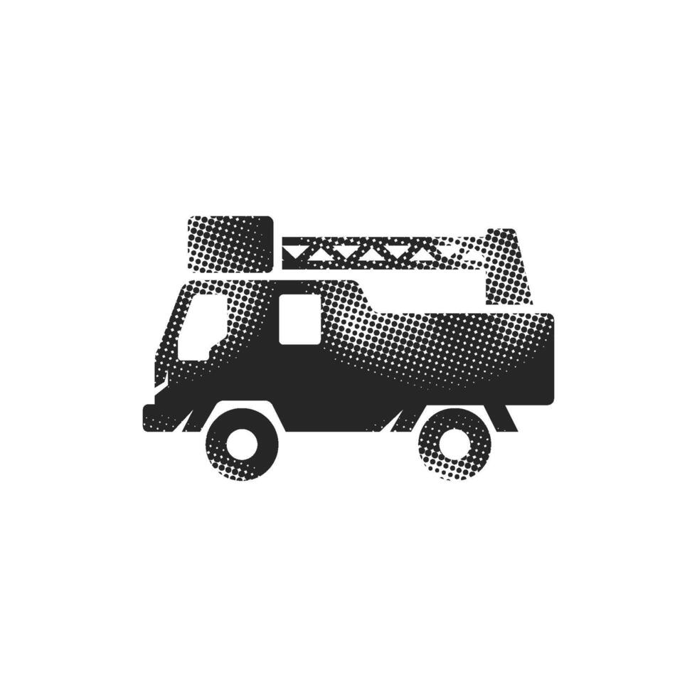 Fireman car truck icon in halftone style. Black and white monochrome illustration. vector
