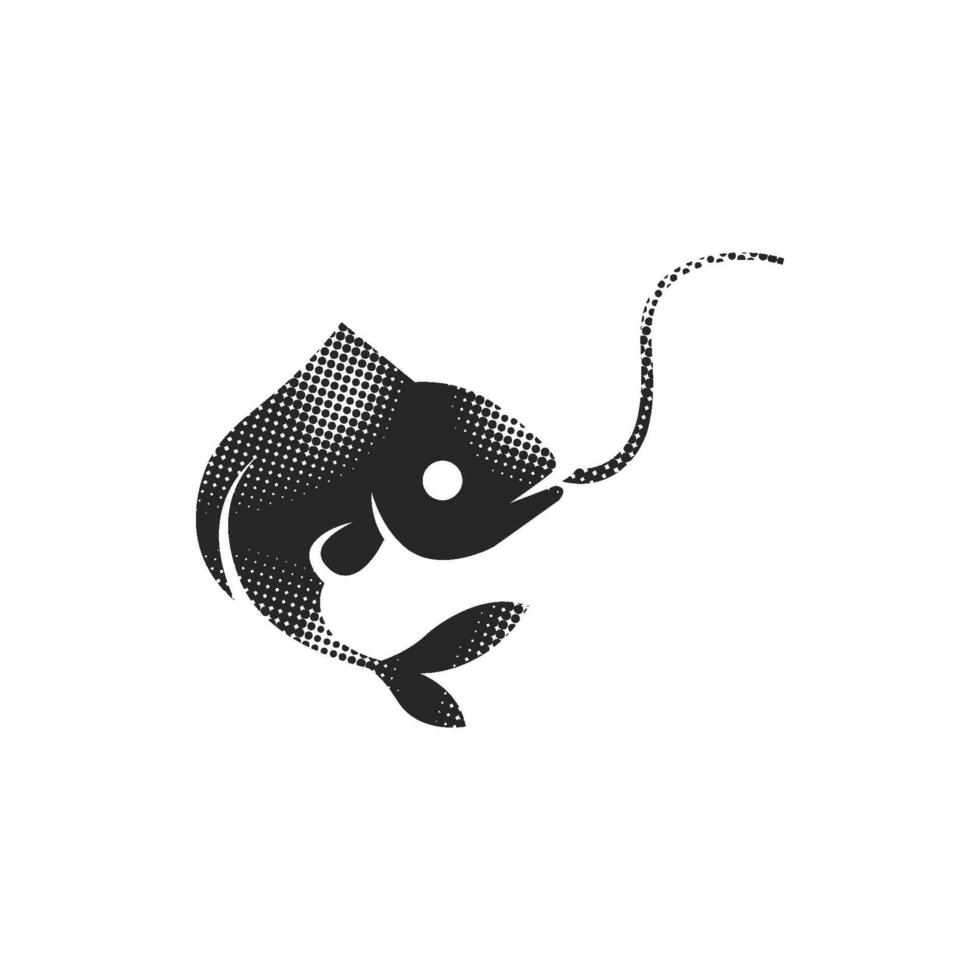 Hooked fish icon in halftone style. Black and white monochrome illustration vector