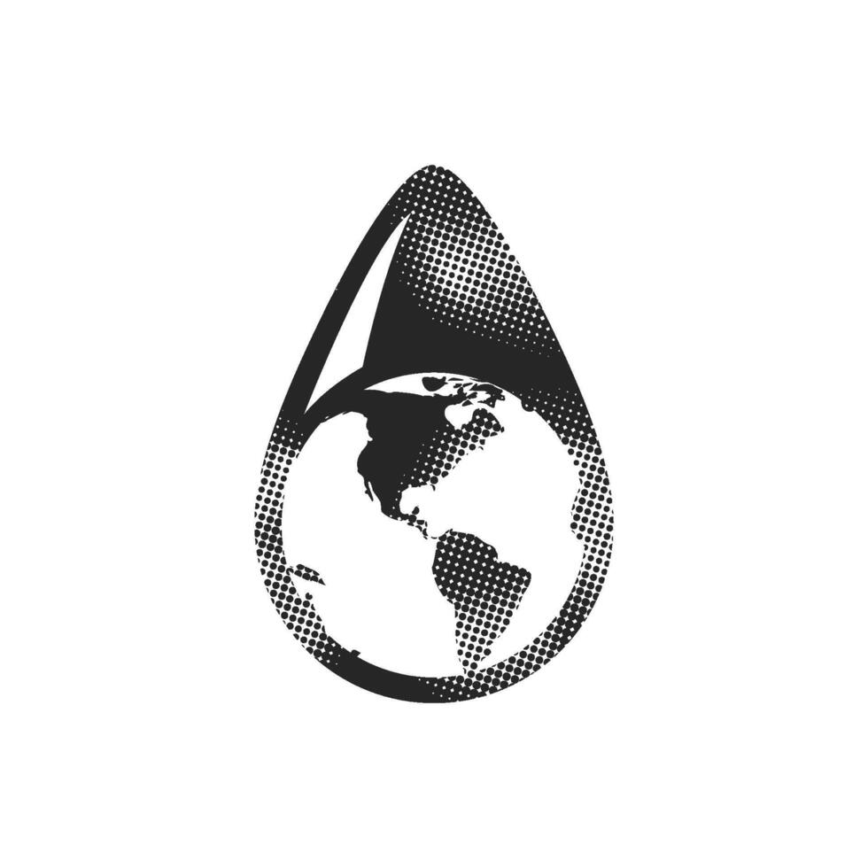 Earth water drop icon in halftone style. Black and white monochrome illustration. vector