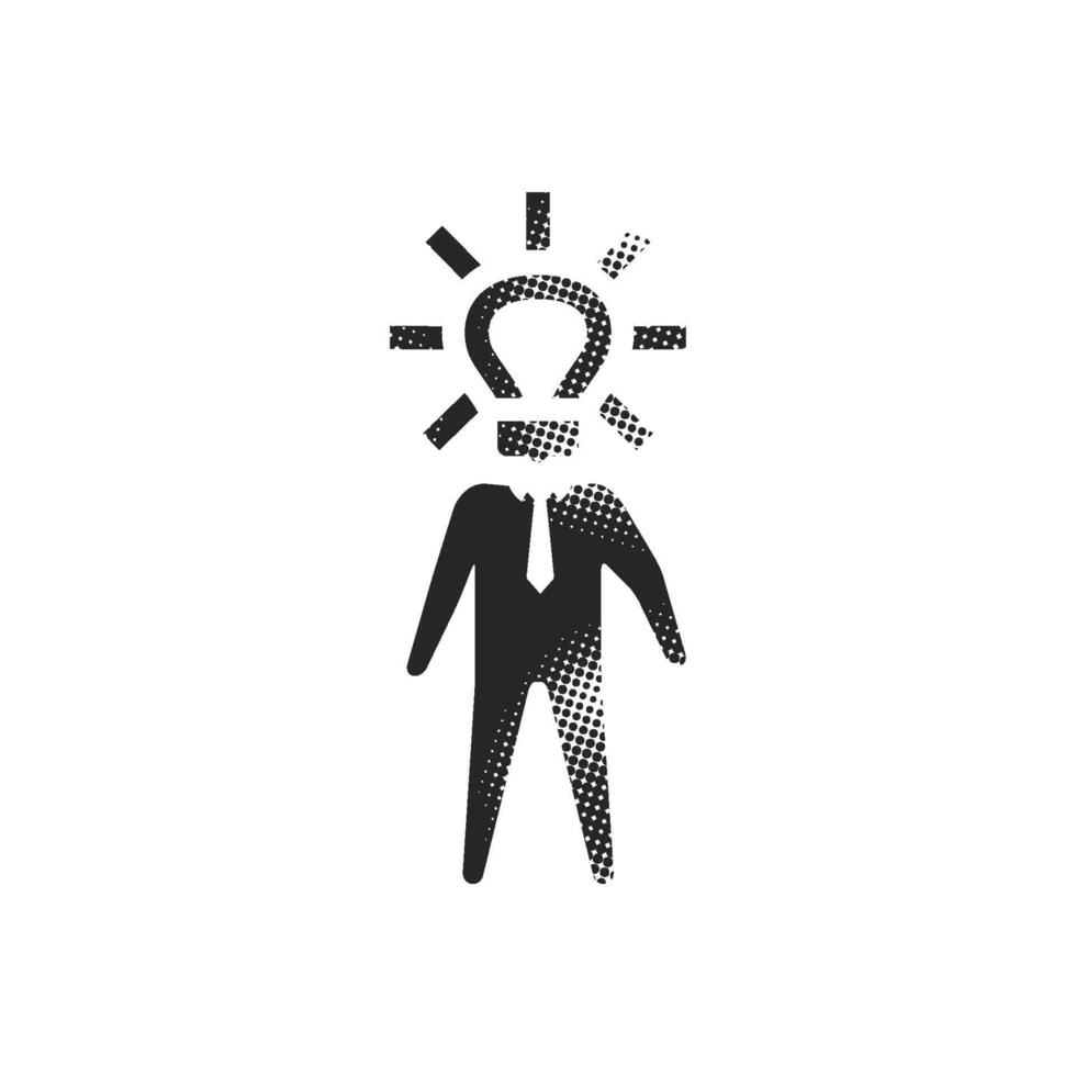 Light bulb head icon in halftone style. Black and white monochrome illustration. vector