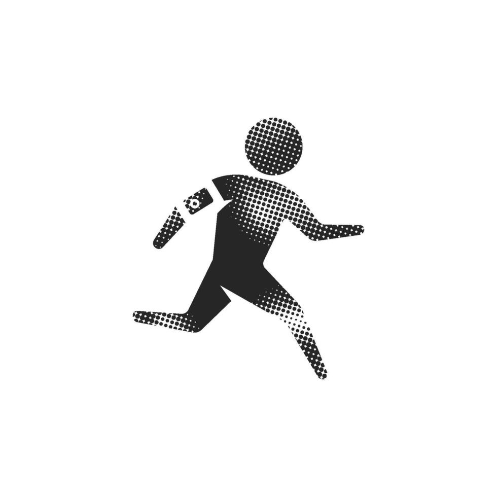 Running athlete icon in halftone style. Black and white monochrome vector