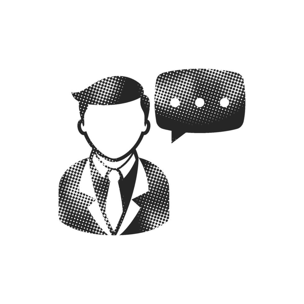 Businessman with text bubble icon in halftone style. Black and white monochrome illustration. vector