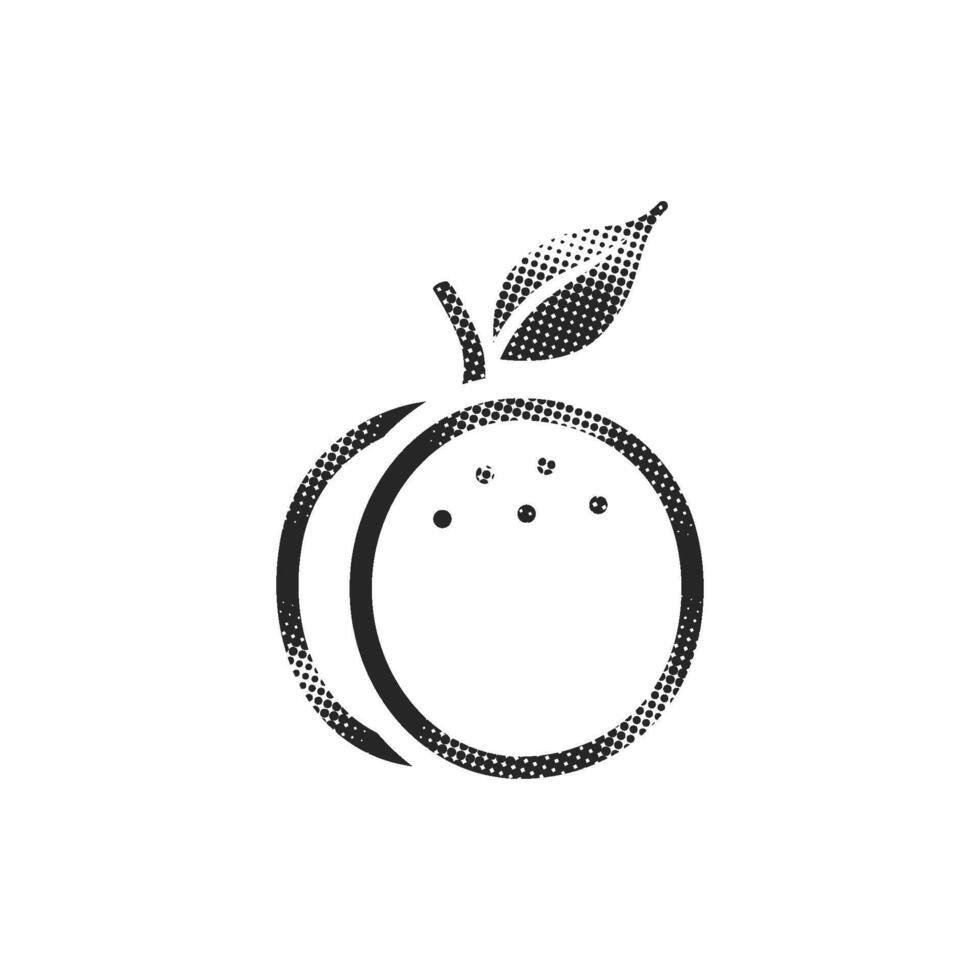 Peach icon in halftone style. Black and white monochrome illustration. vector