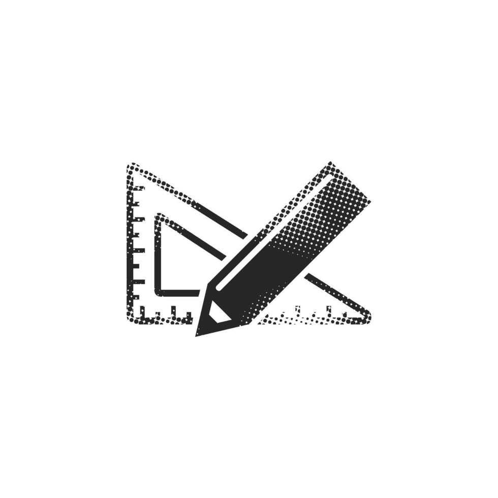 Pencil and ruler icon in halftone style. Black and white monochrome illustration. vector