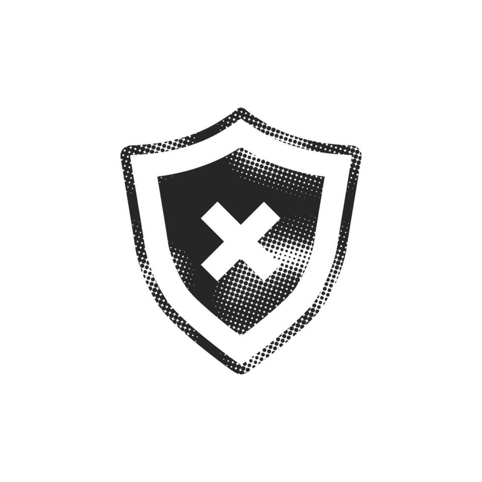 Shield icon in halftone style. Black and white illustration. vector