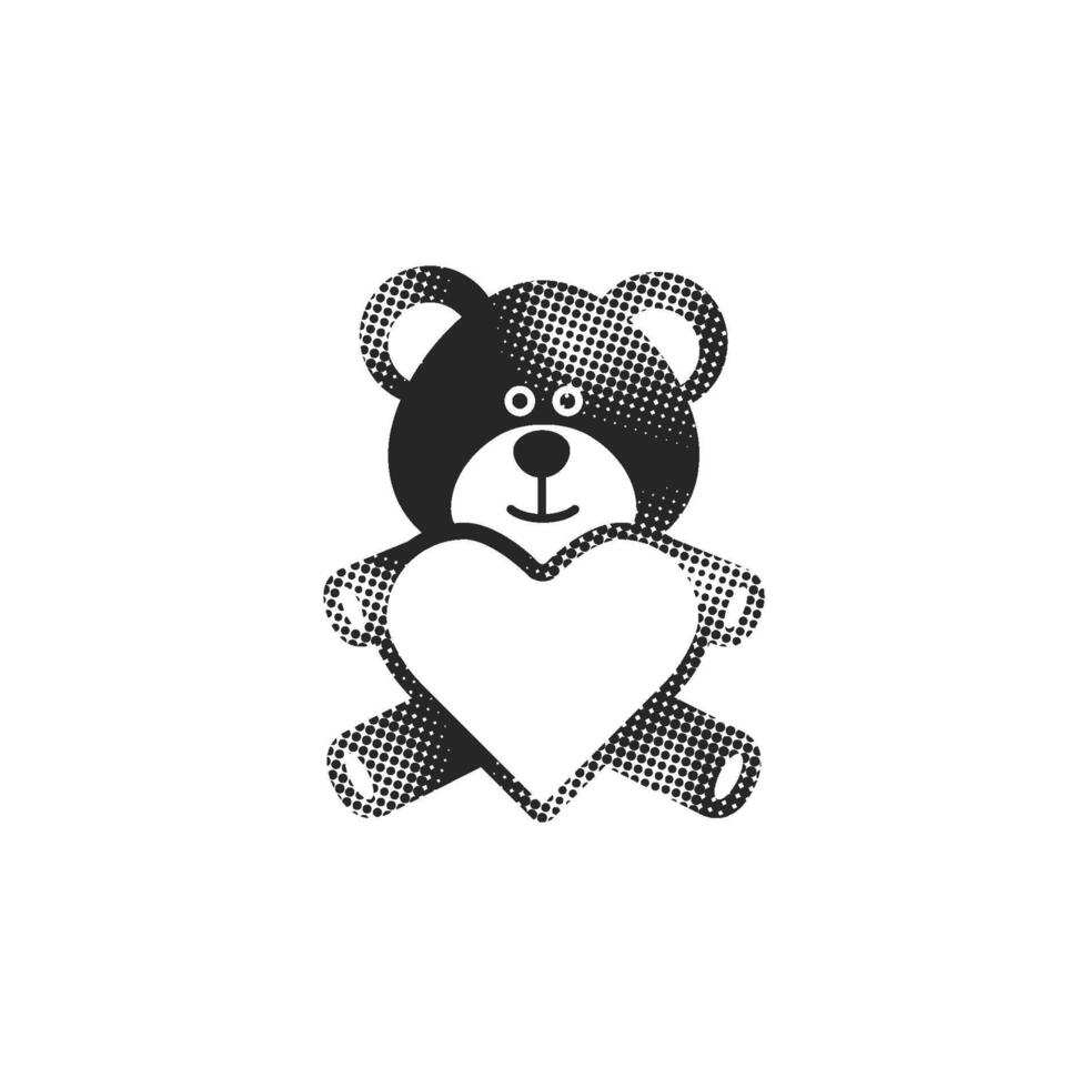 Teddy holding heart shape icon in halftone style. Black and white monochrome illustration. vector