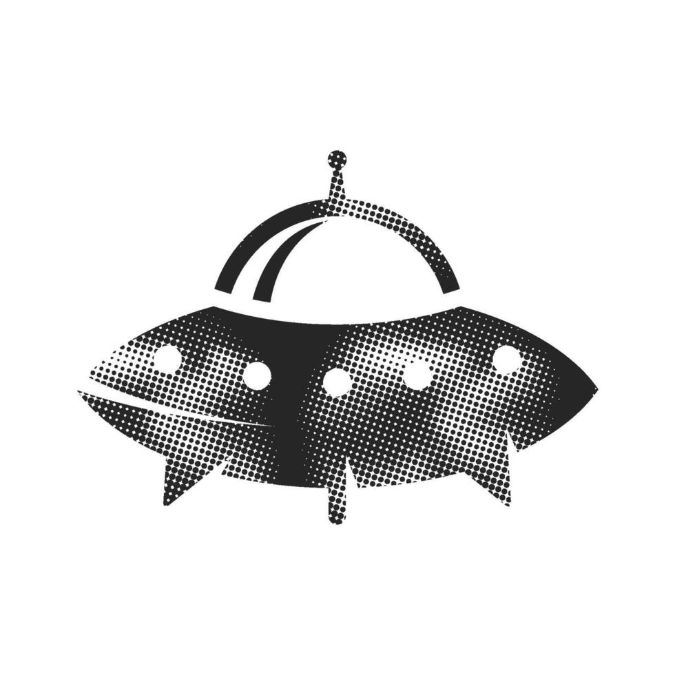 Flying saucer icon in halftone style. Black and white monochrome illustration. vector