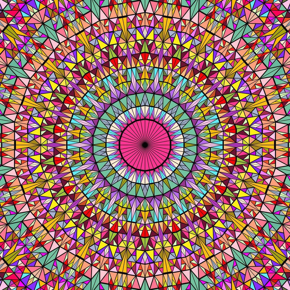 A circular stained glass design with colorful patterns vector