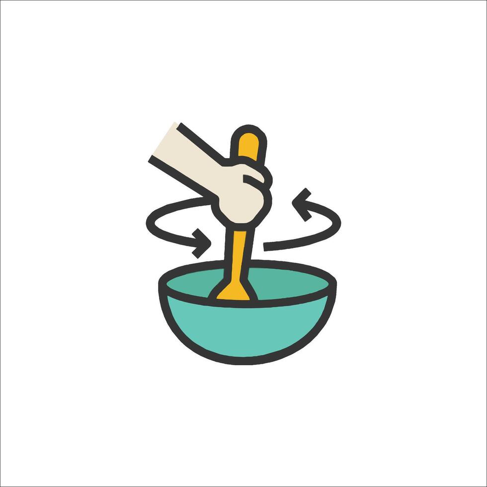 A hand stirring a bowl of food with a spoon vector