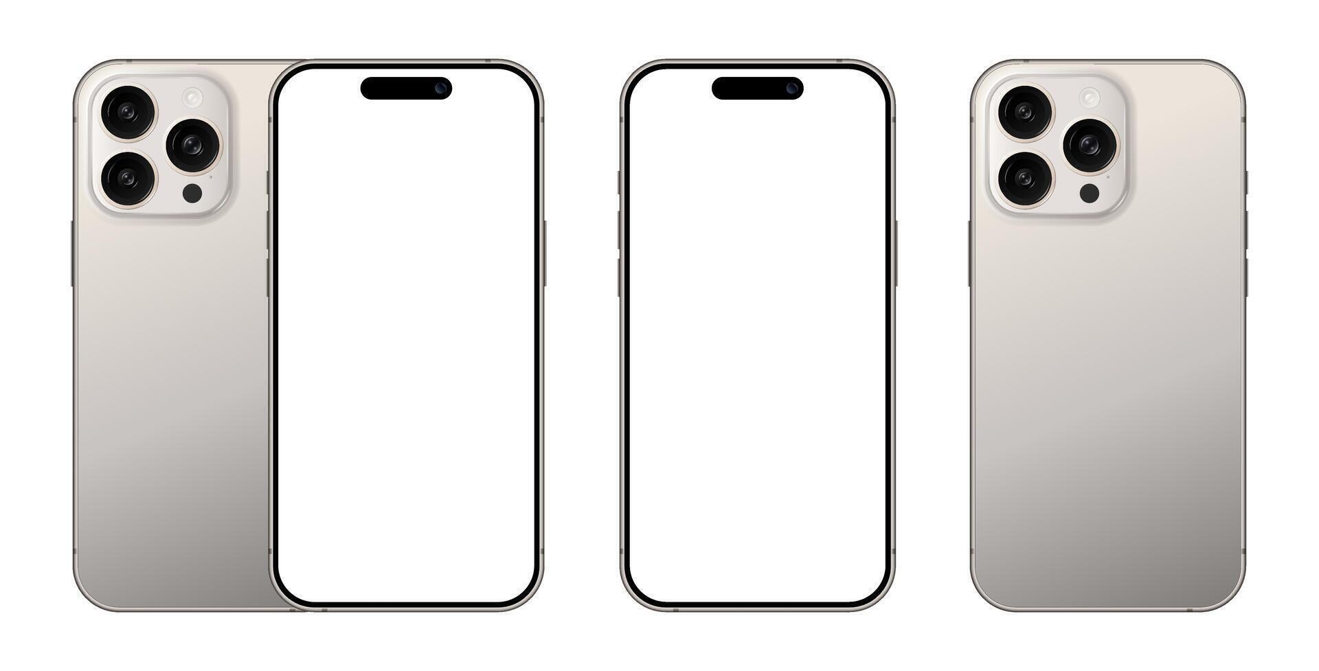 Realistic mobile phone devices blank display mockups. Set of smartphone with triple camera front back view template for product presentation. Modern illustration vector