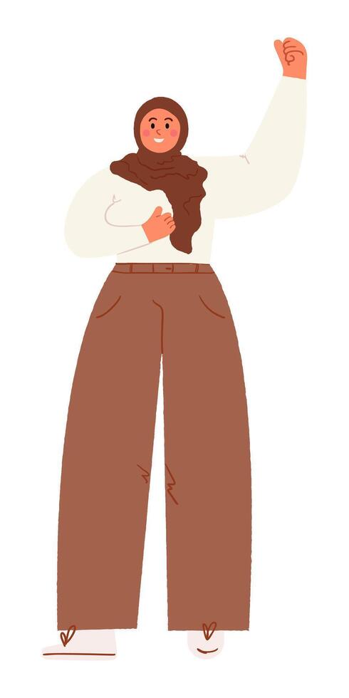 Confident woman wearing hijab, raising her arm with closed fist in celebration or empowerment. Diversity, strength, inclusion, equality concept. Modern flat illustration in neutral earthy tones vector