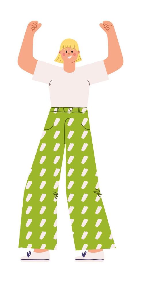 Cheerful woman with blonde hair raises both arms confidently, symbolizing empowerment and positivity. Celebration, strength and individuality concept. Modern flat illustration vector