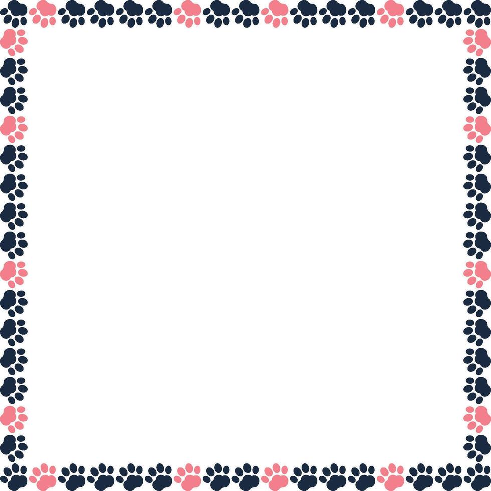 Pink animal paw prints on white background empty border. Cat pawprint vector