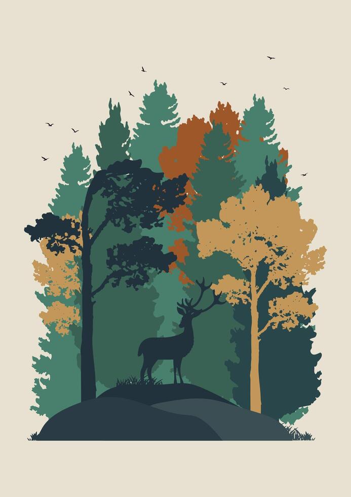 Wildlife animals in nature illustration poster. Minimalistic forest and reindeer on cliff silhouette vector