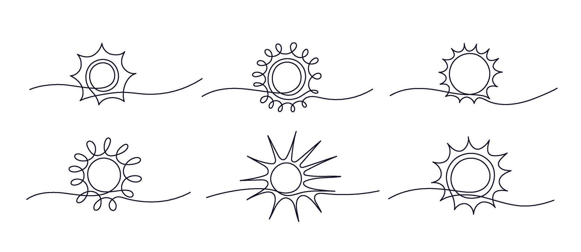 Sun one continuous line art set. Simple light rays vector