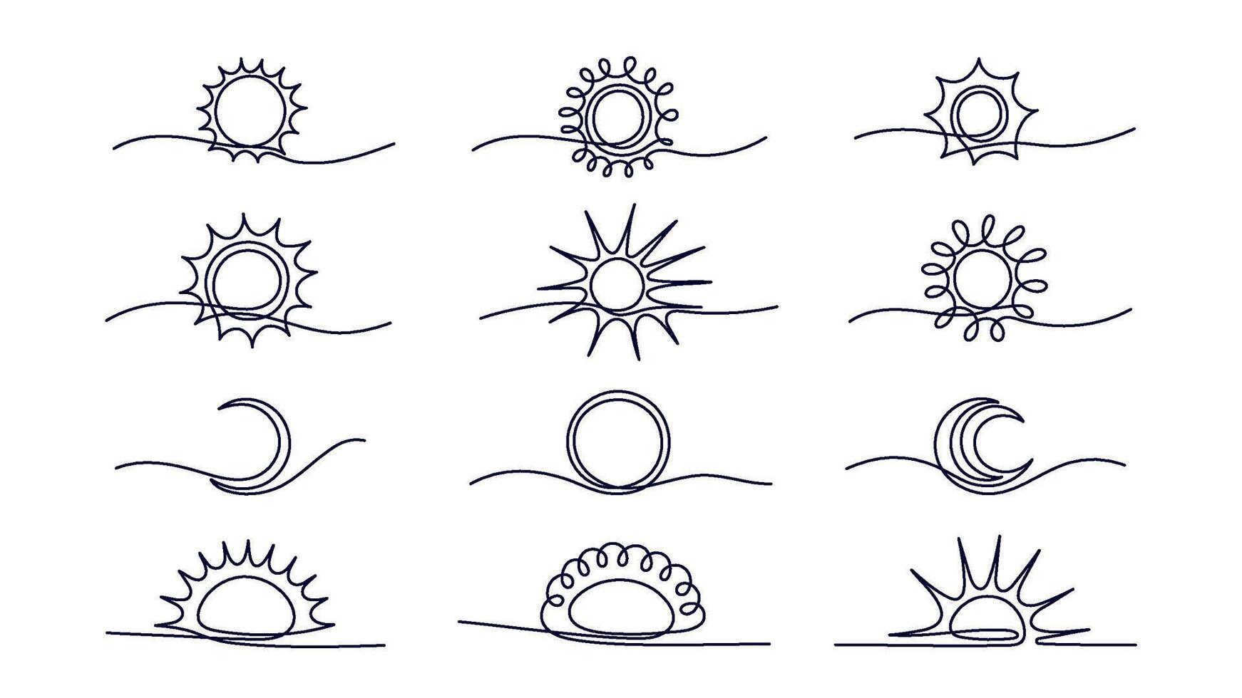 Linear sun, moon. continuous line element vector