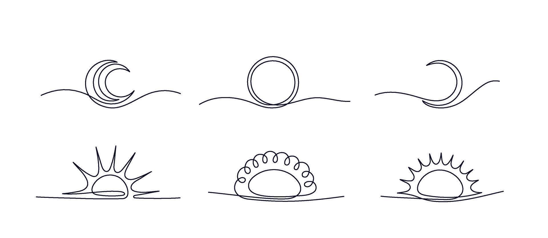 Sun, moon line set. Minimal hand drawn art symbol vector