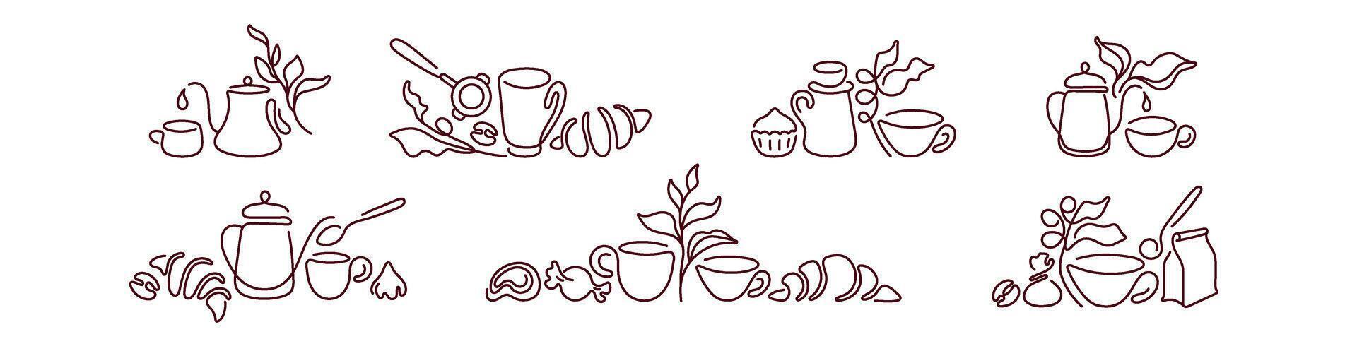 Coffee cup, tea line set Sketch of candy Croissant vector