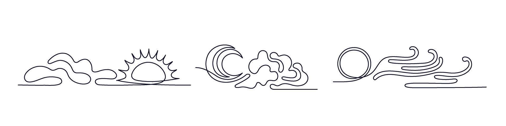 Sun, moon, cloud line set. Cloudy weather, wind vector