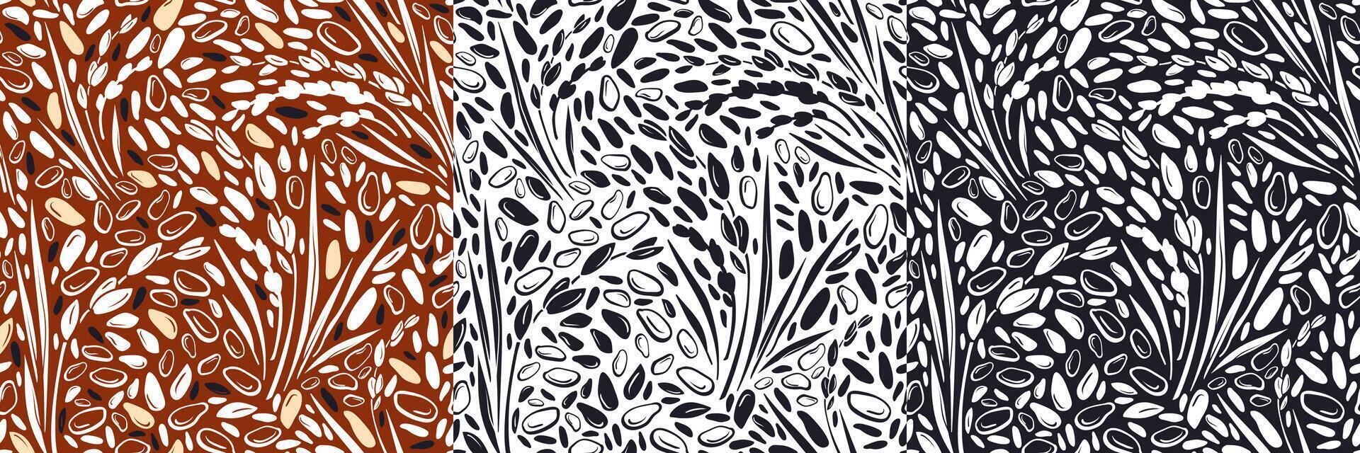 Rice grains pattern. Cereal paddy silhouette set vector
