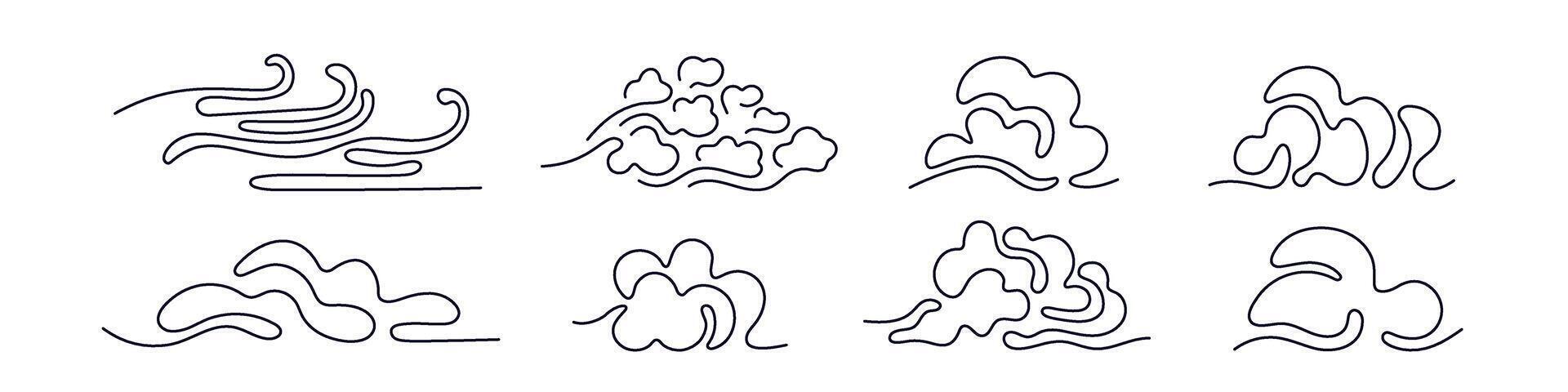 Continuous art line clouds. Abstract doodle set vector