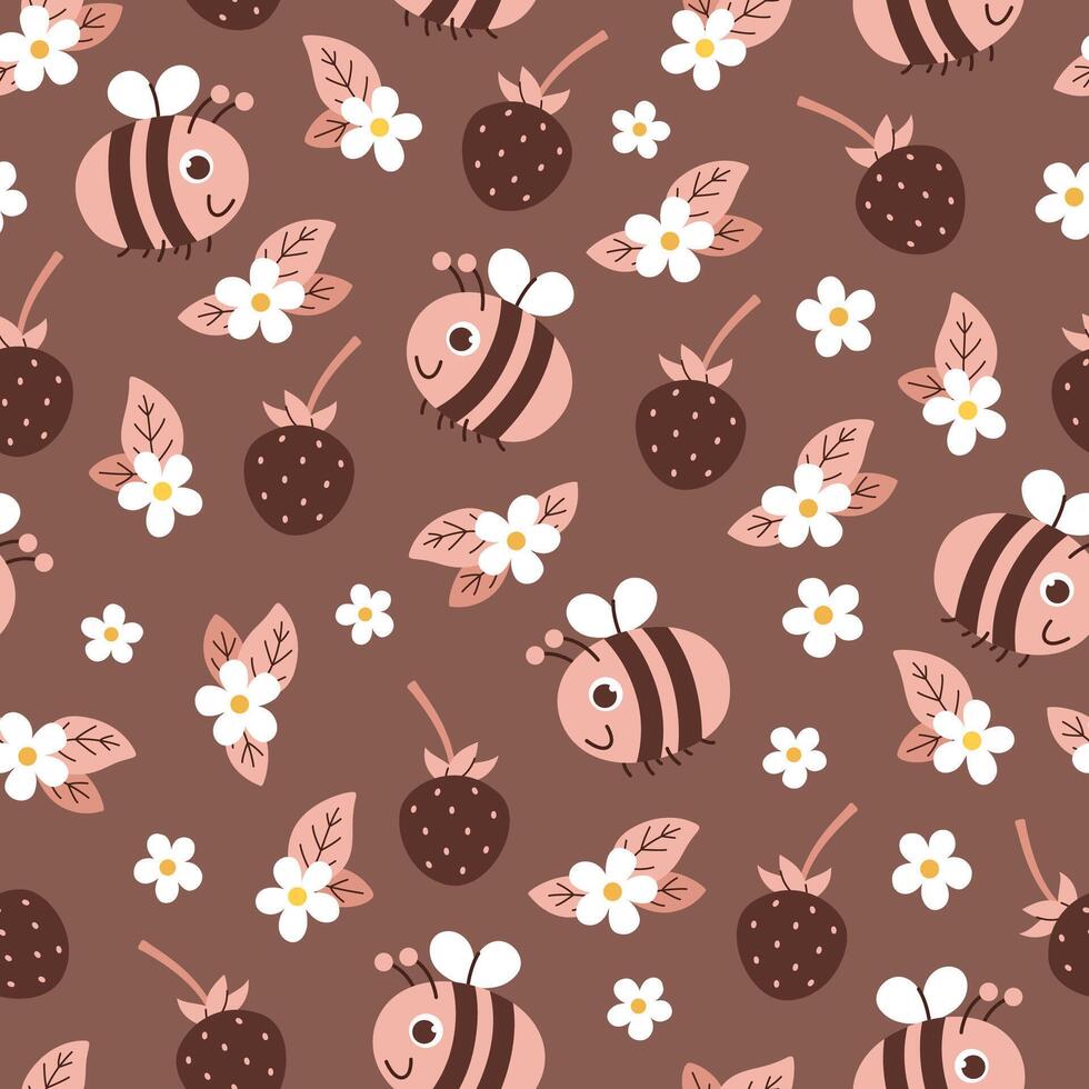 Cute cartoon seamless pattern with bees and strawberries in warm chocolate pink colors. Children s flower and berry background with flying bees and flowers. vector