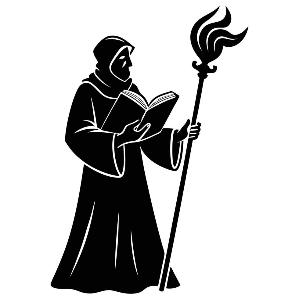 Sorcerer Holding Staff with Mystical Focus vector