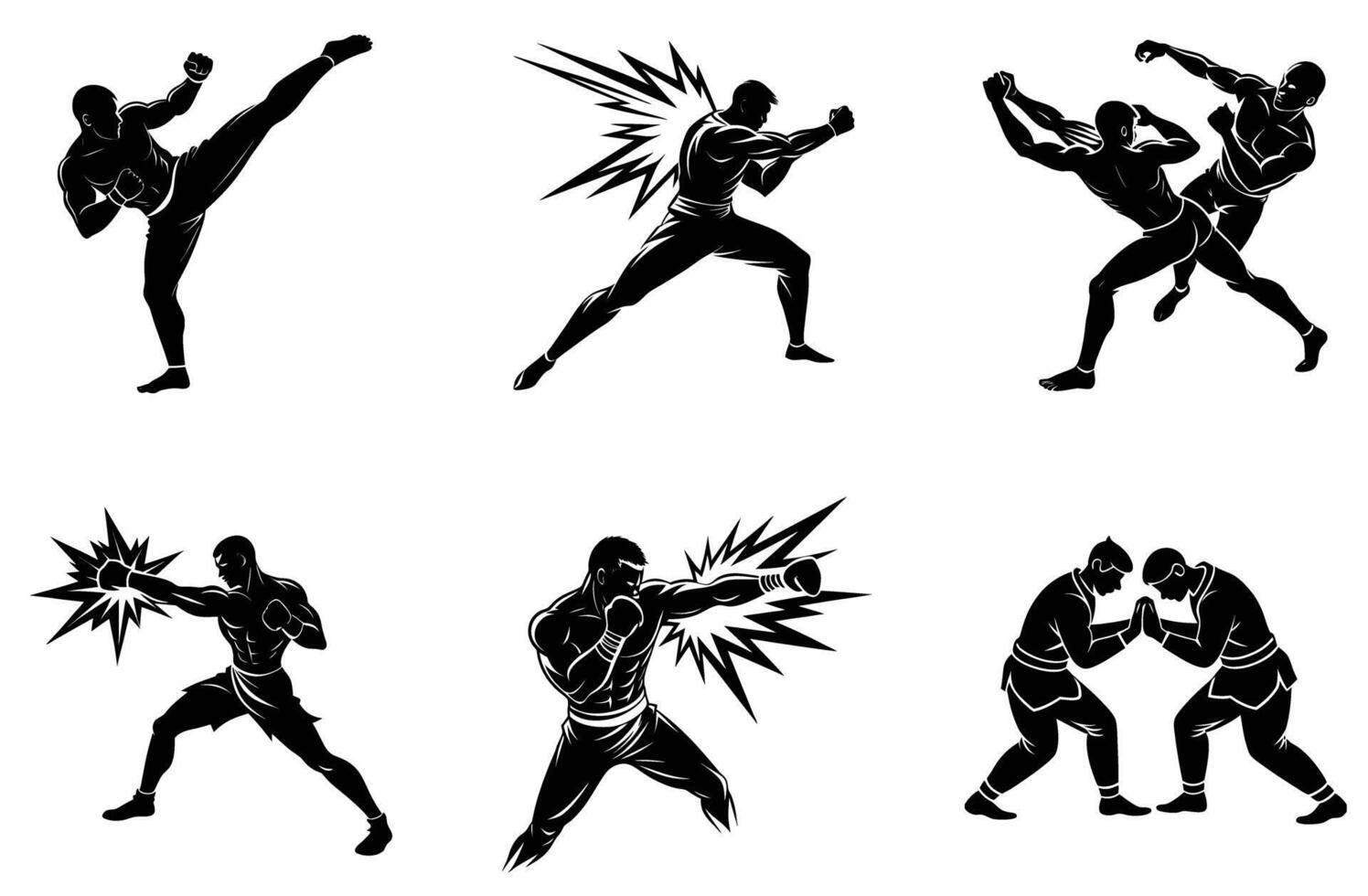 Silhouette Martial Arts Fighters Action Poses Strong Dynamic Muay Thai Judo Sport Power vector