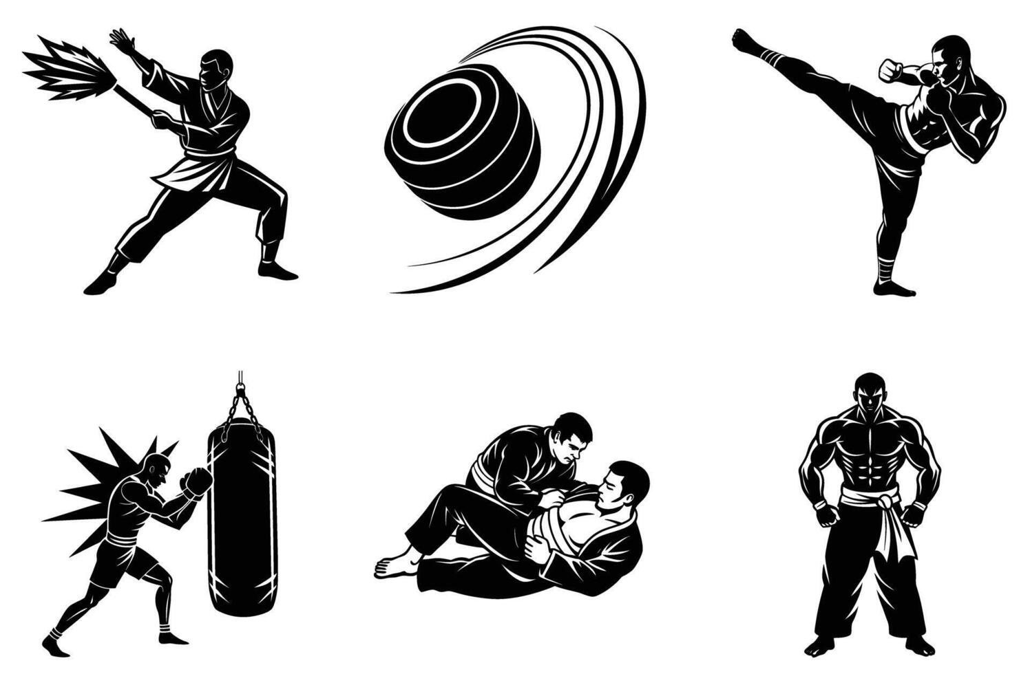 Martial Arts Fighters Silhouettes Strong Powerful Dynamic Action Poses Judo Sport Black White Boxing vector