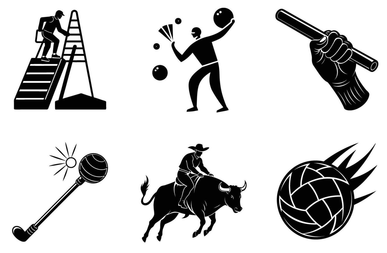 Black Silhouette Icons Set Sport Activities Games Bull Riding Juggling Ball Play Stick White Image vector