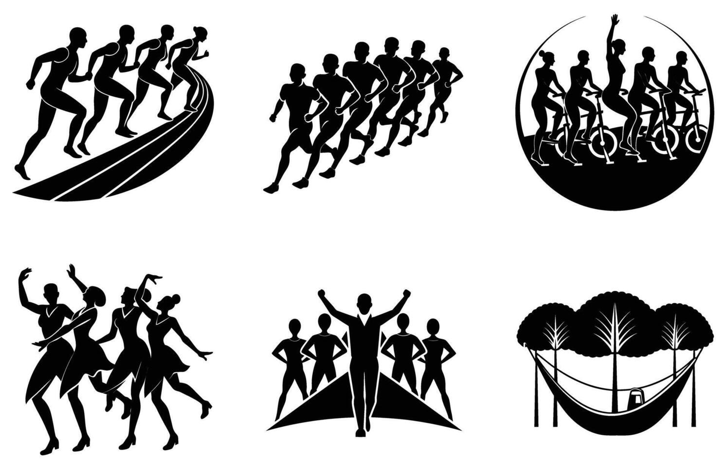 Silhouette Sport Icons Active Lifestyle Fitness Runners Cyclists Dancers Hammock Team Group Black vector