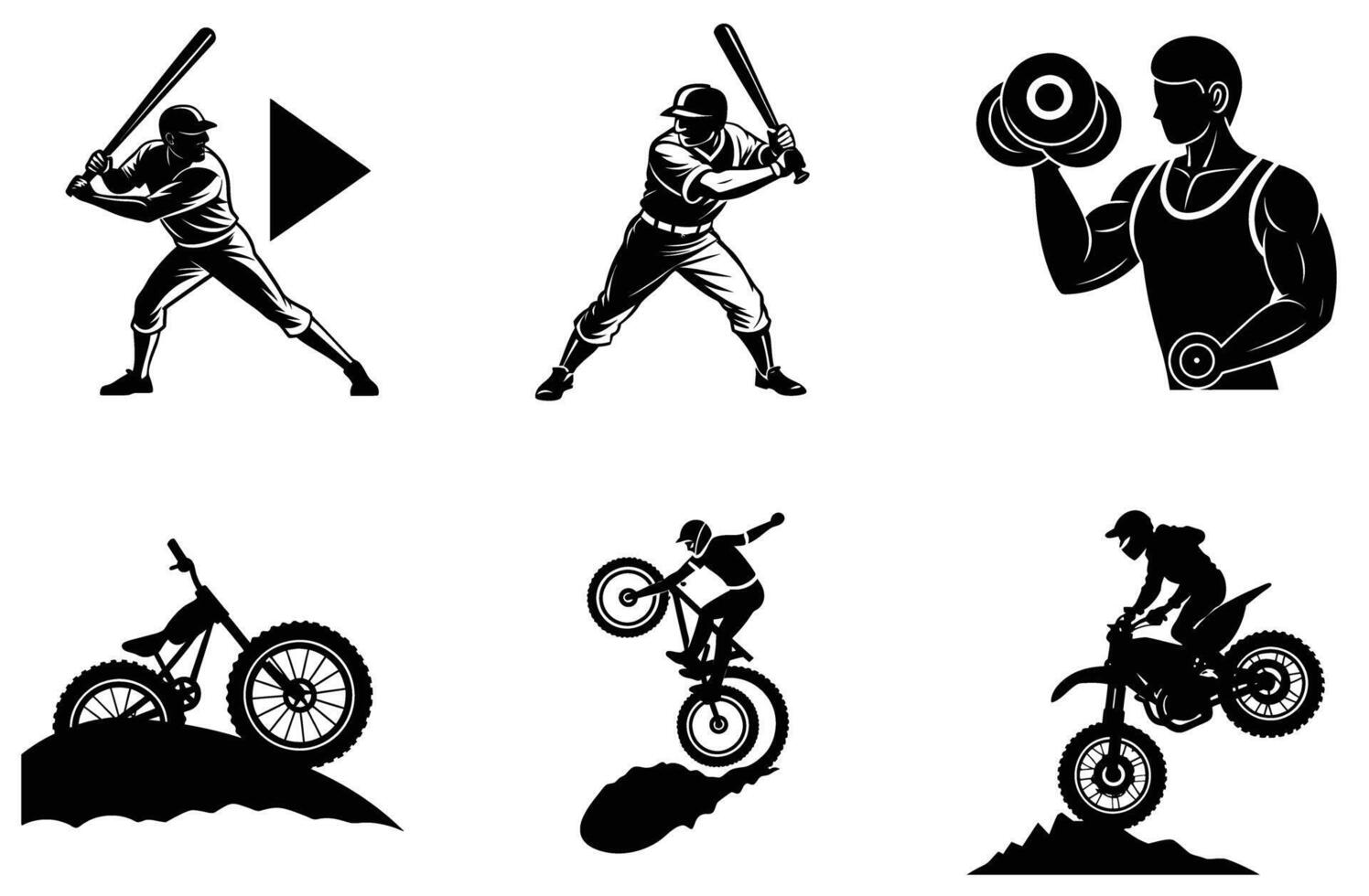 Sport Icons Set Baseball Fitness Motocross Silhouettes Black White Strong Athlete Graphics man bike vector