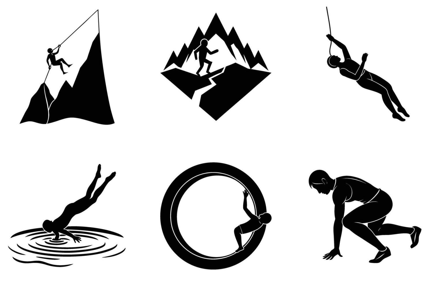 Extreme Sports Silhouettes Action Icons Set Design yoga water black white style diving vector