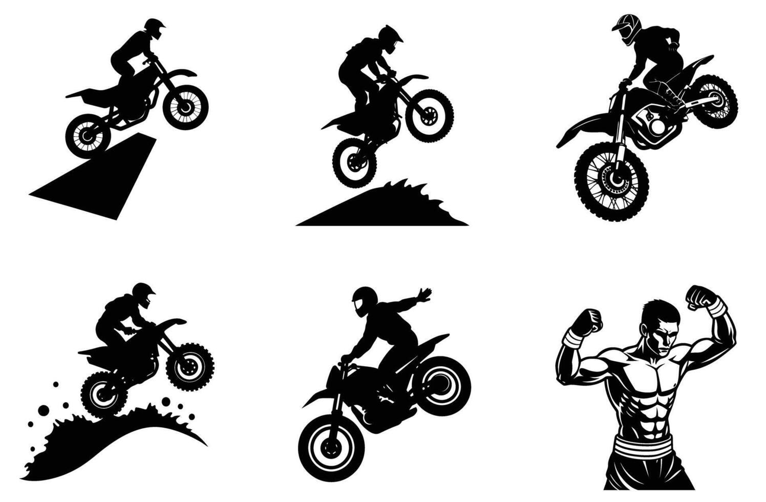 Extreme Motocross Silhouettes Action Sports Set jump bike rider speed power black vector