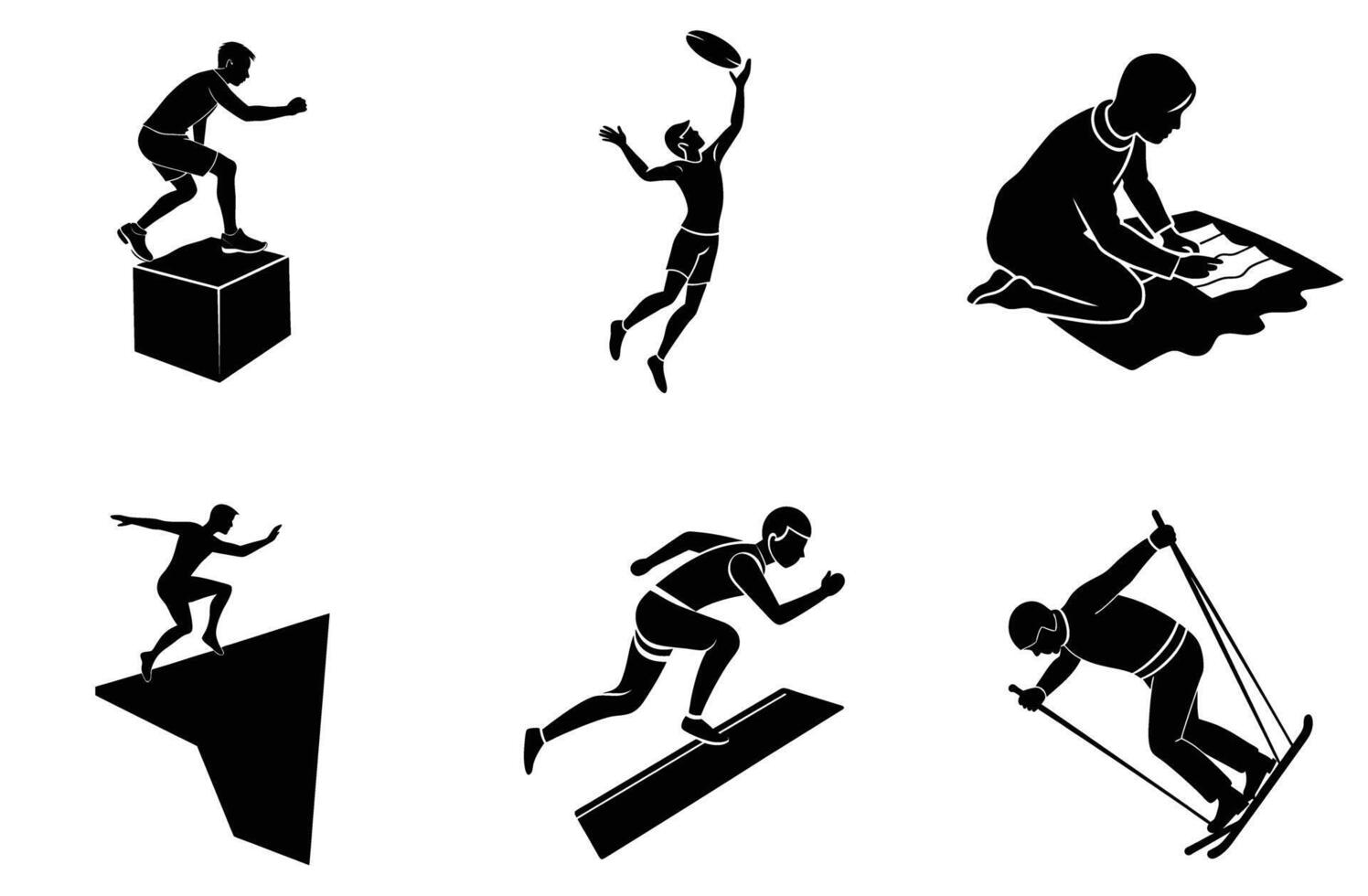 Silhouette Athletes Action Sports Set Graphics man men icon black white skiing vector