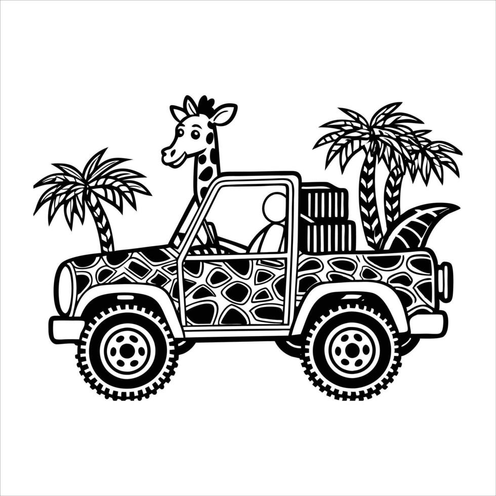 a giraffe cartoon in a safari jee Black and White vector
